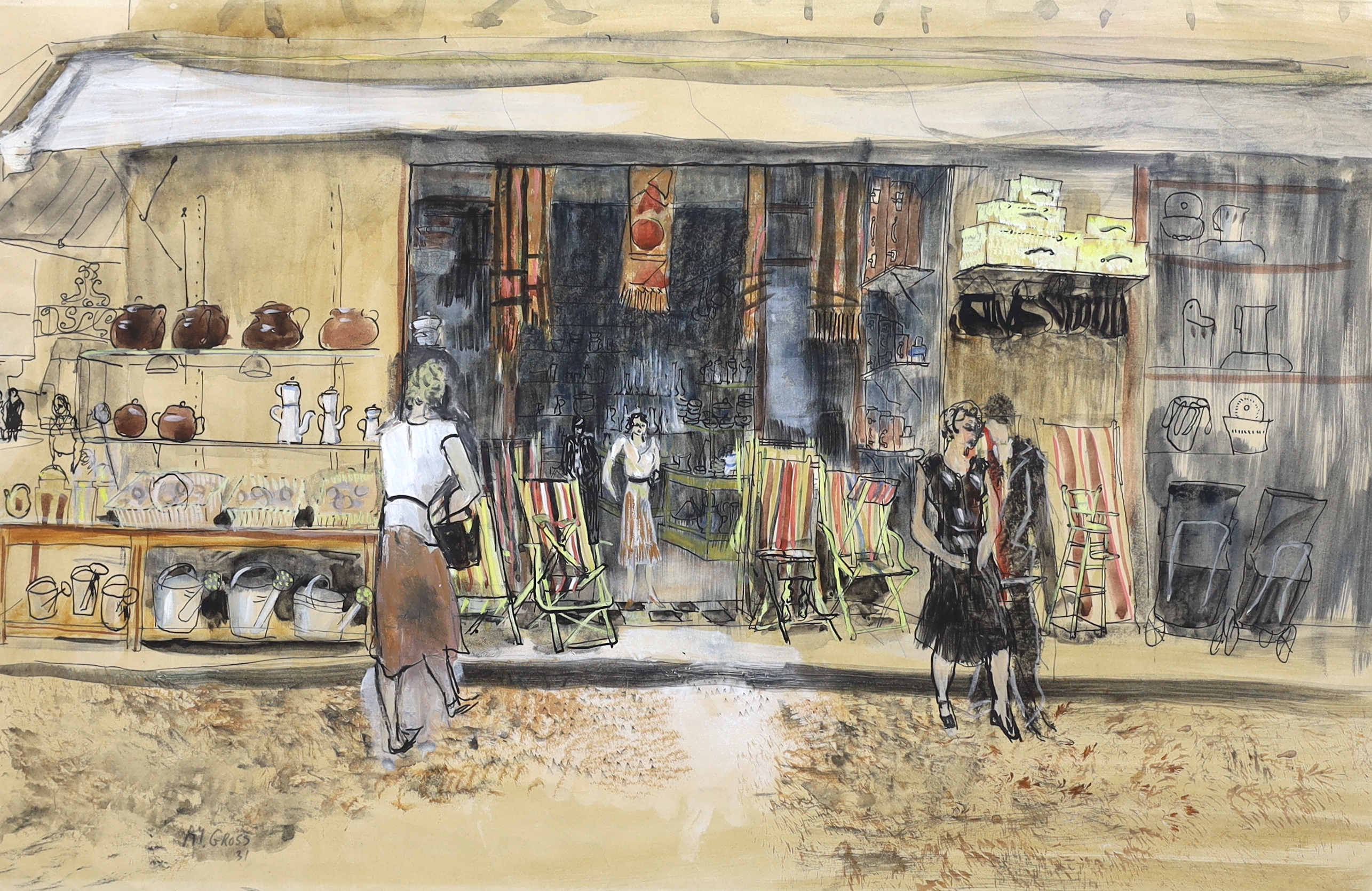 Anthony W. Gross (English, 1905 -1984), 'Provence', figures outside a hardware shop, watercolour and ink on paper, 32 x 49.5cm